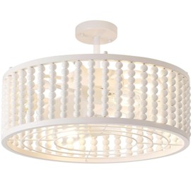 Liokoc Ceiling Fans with Lights and Remote, Low Profile Caged Ceiling Fan with Handcrafted Beaded Décor 6 Speeds Reversible 19 inches Bulbs Included for Angled Ceiling, White