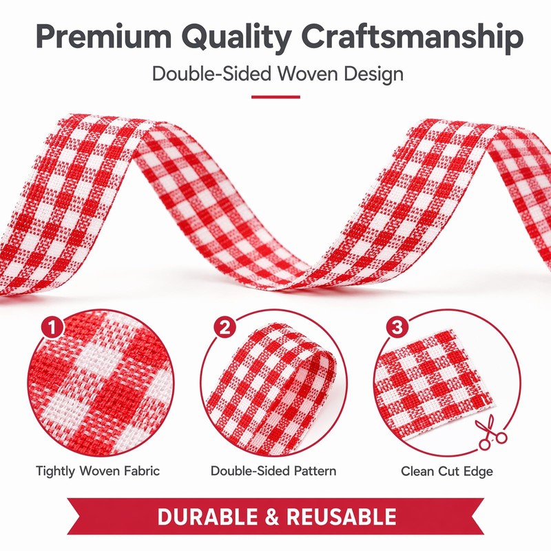 2 PCS Red Gingham Ribbon, 3/8" x 50 Yard Red