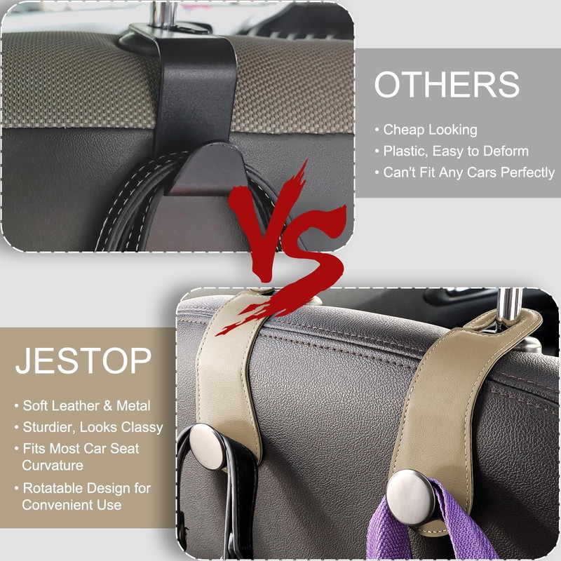 JESTOP Car Headrest Hooks, 2 Pack Leather Car Seat Storage