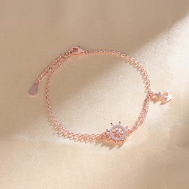 INFINIONLY Womens Girls Elegant Rose Gold Bracelets 925 Sterling Silver Creative Rudder-Anchor with Zircon Bracelet with Double Adjustable Anchor Chain