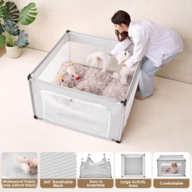 EHEYCIGA 42x42x26 Inches Puppy Playpen Without Top Cover for Dogs & Cats Indoor or Outdoor - Dog Playpen with Door, Dog Fence for Small Animal with Heavy-Duty Oxford & Steel Frame, Sliver Grey