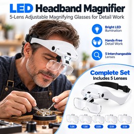 Hand-Free LED Headband Magnifier for Detail Work – 5-Lens Adjustable Magnifying Glasses with Dual Lights for Jewelry & Watch Tasks