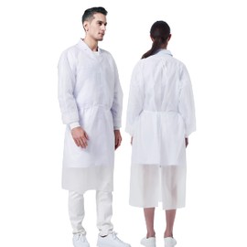 ProtectX (White 10 Pack) Disposable Breathable Polypropylene Isolation Gown with Elastic Knit Cuffs, Covered Back, Extra-Long Double Ties, Universal Size
