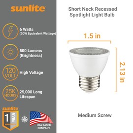 Sunlite LED PAR16 Dimmable, Short Neck Recessed Spotlight Light Bulb, 7-Watt, (50W Halogen Replacement) 500 Lumens, Medium E26 Base, ETL Listed, 3000K Warm White, 12 Count