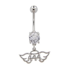Pierced Owl 14GA 316L Stainless Steel CZ Crystal Angel Number and Wings Dangling Belly Button Ring (444)
