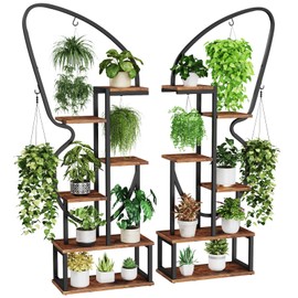 6 Tier Plant Stand Indoor Butterfly-Shaped, Tall Metal Plant Stand with 6 Plant Hooks & 12 Boards, Large Ladder Plant Shelf with Adjustable Feet for Living Room, Balcony, Garden, Art Studio (2 Pack)