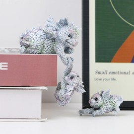 Xuanpax Resin Dragon Shelf Sitter Set of 3 - Mother with 2 Baby Dragons Hanging Off The Edge of a Shelf Handcrafted Mantelpiece Decoration Dragon Figurines for Home Decor