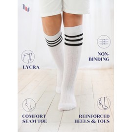 Hugh Ugoli Knee High Socks for Girls, Boys, Natural Premium Cotton Long Tube School Uniform Socks with Stripes, Soft & Comfortable, White, 9-11 Years Old, 4 Pairs