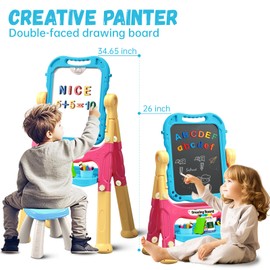 Juivin Art Easel for Kids Double Sided Magnetic Drawing Board with Letters & Numbers, Adjustable Standing Easel for Toddlers, Creative Play & Learning Toys for Kids - Blue