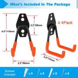 Suprom 4 Pack Garage Hooks Heavy Duty - Supports 100 lbs, Utility Steel Garage Hanger & Organizer for Organizing Garden Lawn Tools, Ladders, Garden Hose, Digging Shovel, Bikes, Ropes (Orange)