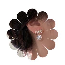 Cimenexe Bohemian Crystal Bow Pearl Dangle Earrings Gold CZ Paved Bow Stud Earrings Bow Tie Pearl Drop Earrings Small Rhinestone Pearl Earrings Jewellery for Women and Girls Gifts, Zinc, No Gemstone