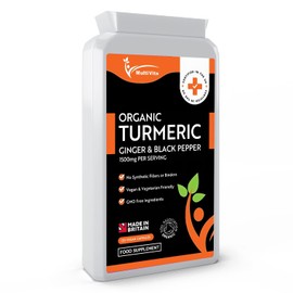 Multivita Organic Turmeric 1500mg (High Strength) with Ginger & Black Pepper - 120 Vegan Capsules (2 Month Supply) – Pure Natural Supplement Active Ingredient Curcumin UK Made