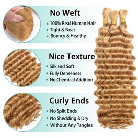 Human Braiding Hair for Boho Braids Human 110g 14 Inch Curly Boho Hair for Braiding Knotless 12A Deep Wave Bohemian 3 Bundles/Pack Caramel Honey Blonde
