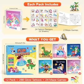 PARTYWIND 12 Pack Party Favors for Kids, 288 Pcs Glow Tattoo & 24 Mazes Games for Party Supplies, 6 Theme Designs for Boys Girls, Birthday Goodie Bags Stuffers, Carnival Classroom Prizes for Kids