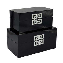 Galt International Storage Box Set Decorative Storage Box w/Hinged Lid Classic Design Wood Decor Boxes with Geometric Clasp Storage for Bedroom & Home - Set of 2 (Black & Silver)