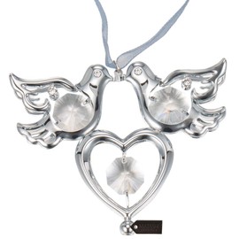 Chrome Plated Crystal Studded Silver Love Doves Birds Hanging Ornament with Heart by Matashi