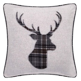 Red Rainbow Tartan Stag 18 Inch Black & Grey Cushion Cover Soft Woven Tweed Wool Fabric