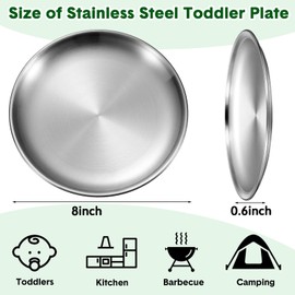 Honeydak 10 Pcs 18/8 Stainless Steel Plates 8 Inch Silver Double Layers 304 Metal Stainless Steel Dinner Dishes Unbreakable Adult Reusable Camping Plates Dishwasher Safe Feeding Serving Round Dessert