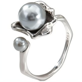 NicoWerk 925 Silver Women's Ring - Filigree Adjustable Silver Ring with Pearl, Flower Design, Pearl Ring 925 Silver for Women - SRI1057, Silver