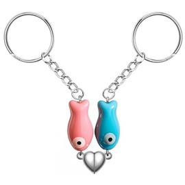 Agromusk Matching Heart Keychain,Cute Ceramic Fish Matching Couples Stuff Keyrings,Valentines Day Gifts for Him Her Boyfriend Girlfriend(Pink&Blue)