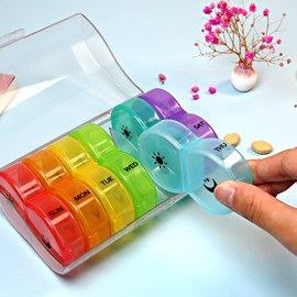 Pill Box 7 Day Clock (Twice a Day) Weekly Pill Box with Moisture Resistant Design (Multi-Colour)