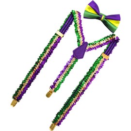 Alovez Sequin Braces Set Glitter Bow Tie Black Y Clip with Glitter Bow Tie Bow Costume Accessory for Disco Carnival Theme Party, purple