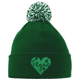 Hippowarehouse Vegan Design Embroidered Beanie Hat with Bobble Bottle Green