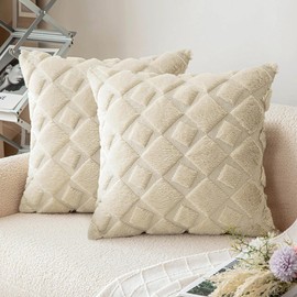 CJWLKJ 2Pcs Soft Faux Fur Throw Pillow Covers 18x18 - Plush Short Wool Velvet Decorative Pillow Covers - Couch Sofa Pillow Covers for Living Room - with 3D Plaid Pattern (Beige)