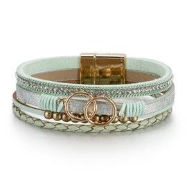 LSxAB Green Multi-Layer Leather Wrap Bracelet for Women Gold Tone Colorful Bohemian Braided Wristbands Bracelets