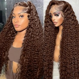24 Inch Chocolate Brown Deep Wave Lace Front Wigs Human Hair Pre Plucked 200% Density 13x6 HD Lace Frontal Wigs with Baby Hair Deep Curly Wet and Wavy Glueless Wigs for Women (4# Brown, 24 Inch)