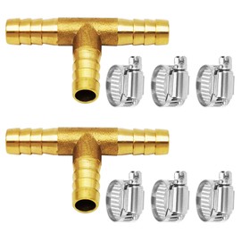 Da by 2 pcs 5/16"(8mm) Brass Tee Barb Fittings for 3/8" ID Hose,6 pcs Stainless Steel Pipe Clamps,T Shaped 3 Way Union Intersection for Water/Fuel/Air(T)