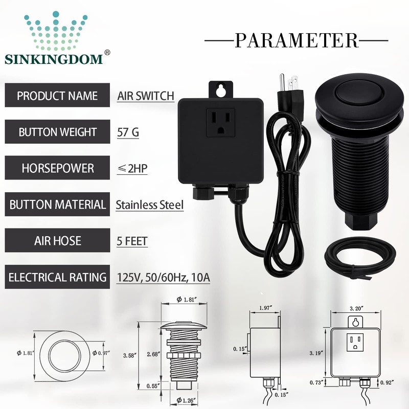 SINKINGDOM Garbage Disposal SinkTop Air Switch Kit,White with Long Button,Brass