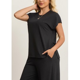 Auciccoo Women's Plus Size 2 Piece Lounge Set Summer Cap Sleeve Top Wide Leg Pants Matching Set Sweatsuits Outfits Tracksuit