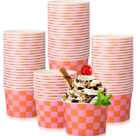 Zopeal 50 Count Orange and Pink Checkered Ice Cream Cups Disposable 9 oz Ice Cream Bowls Snack Paper Cups Race Car Birthday Party Supplies Sundae Picnic Dessert Yogurt Bowls Plaid for Food