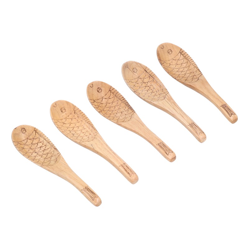 5Pcs Soup Spoon Fish Shaped Carved Wooden Rice Spoon Kitchen