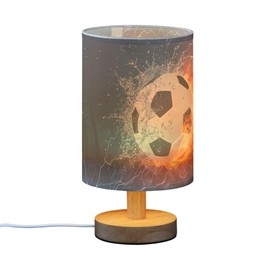 YYZZH Table Lamp Soccer Ball in Fire Flame Water Sport Design American Football Nightstand Lamp with Wood Base Fabric Lamp Shade Bedside Desk Lamp for Living Room Bedroom Kids Room Office