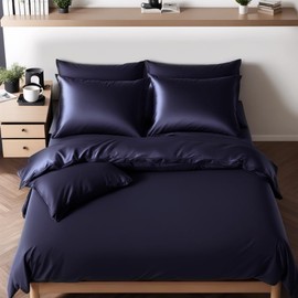 Cozyor Reversible Bed Linen 155 x 200 cm Shiny Matt, Satin & Microfibre, Extra Thick and Soft with Robust Zip, 1 x Duvet Cover + 2 x Pillowcases 40 x 80 cm, 3-Piece, Dark Blue Ocean