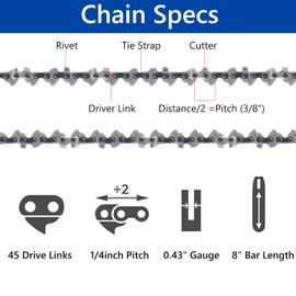 5Pcs 8 Inch (20cm) Chainsaw Chain, 45 Drive Links, 1/4inch Pitch, 0.43" Gauge, with 1 Square and 1 Round Metal File, Replacement Chain Saw Chains