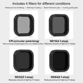 Neutral Density/Circular Polarizing lens filter kit - lens cover for GoPro Hero 9 10 11 12 Black action cameras - CPL for glare reduction. ND16/ND32/ND64 for exposure control