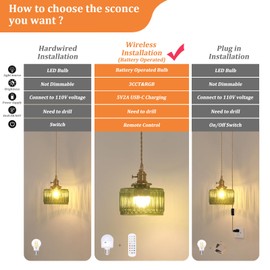 Shenmoyl Battery Operated Pendant Light 5000mAh Rechargeable Chandelier with Remote Control Wireless Adjustable Hanging Green Striped Light for Kitchen Island Dining Room Hallway, 2 Pack