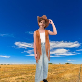 Girls Kids Fringe Vest Sleeveless Western Cowgirl Vest 60s 70s Hippie Faux Suede Tassels Jacket for Kids 5-12Years