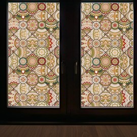 Privacy Decorative Window Film for Home, Non-Adhesive Frosted Static Cling Bathroom Window Stickers, Mandala Geometric Stained Glass Effect (24"×39.37")