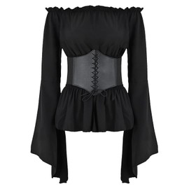 Odizli Medieval Clothing Women's Gothic Steampunk Long Sleeve Off Shoulder Corset Top + Belt Victorian Renaissance Costume, Black+Belt