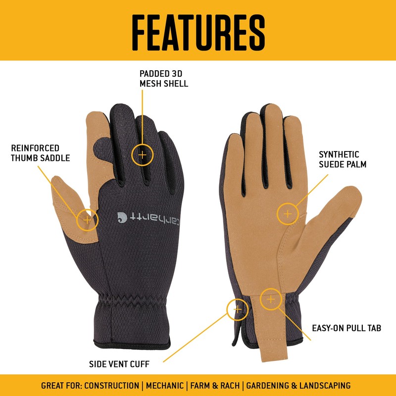 Carhartt Mens Black Barley Open Cuff Gloves Small