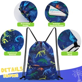 WAWSAM Dinosaur Drawstring Backpack for Kids - Gym DrawString Bag for kids Swim Bag Boys Sports Draw String Bag Waterproof Beach Sport Gym String Bags with Zipper Pocket Cinch Backpack for Boys