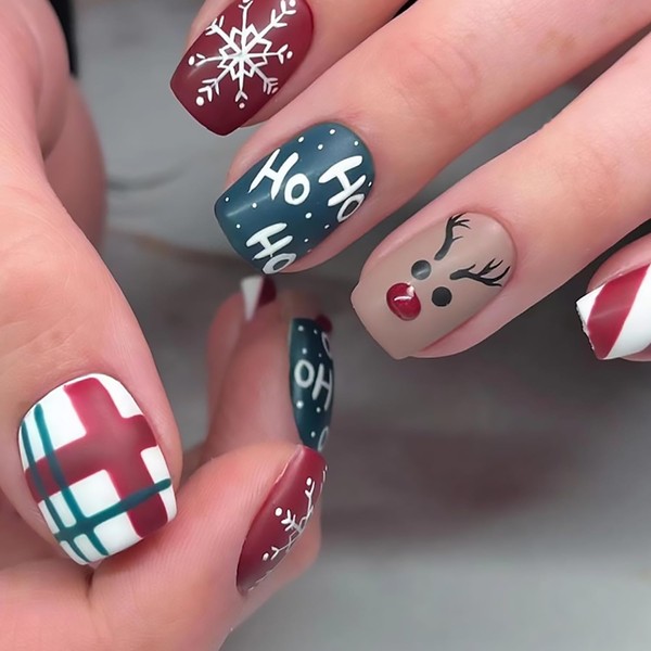 Christmas Press on Nails Short Square Fake Nails With Elk