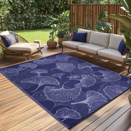 Pcinfuns Outdoor Patio Rugs 4'x'6 Waterproof, Reversible Plastic Straw Camping Rug Carpet, Large Area Rugs Mats for Rv, Deck, Porch, Picnic, Beach, Balcony, Navy Blue & Grey