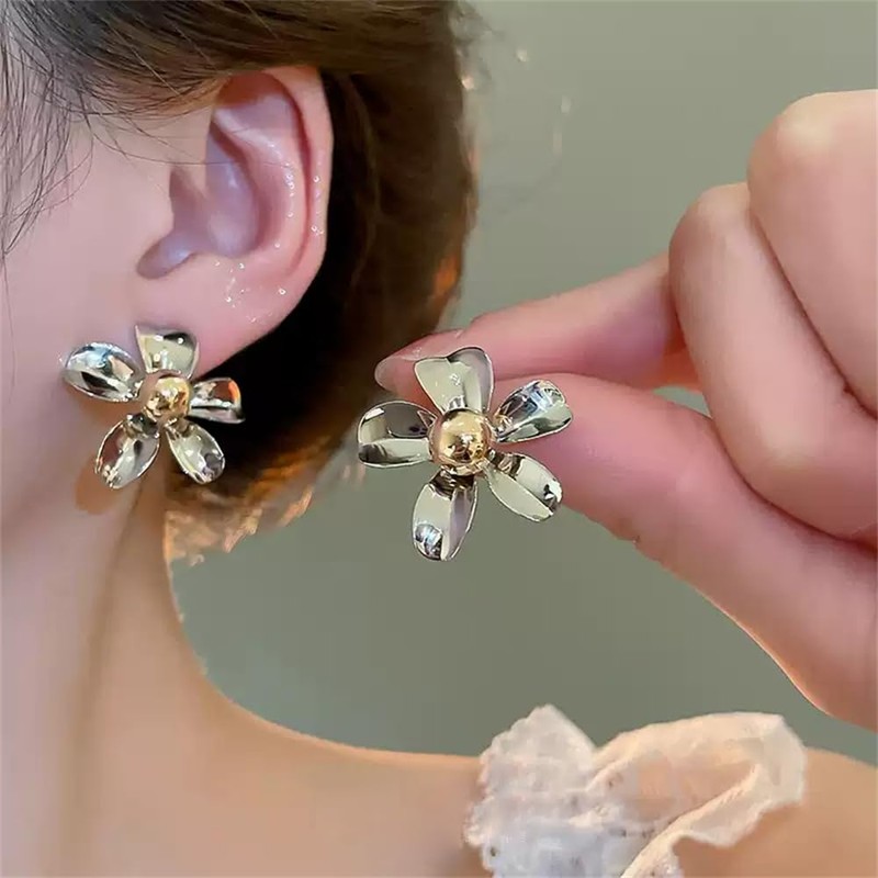 Chunky Flower Two Tone Big Stud Earrings for Women Dainty