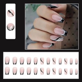 Black French Tip Press on Nails Medium Length Square Fake Nails with Silver Glitter Line Designs Glossy Coffin Nail Full Cover Nail Tips Glue on Nails Artificial Acrylic False Nail for Women 24Pcs