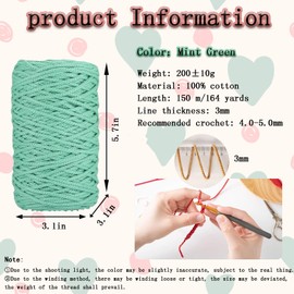 1 PCS 200g Mint Green 100% Cotton Yarn Hollow Knitted Crochet Yarn,164 Yards Fabric Yarn Round Rope Yarn for DIY Handbag Purse Basket Cushion Crochet Bag